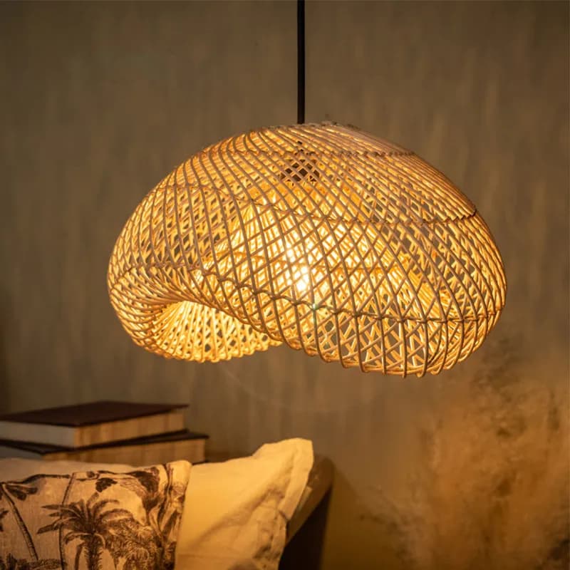 E27 Wabi Sabi Style Retro Boho Wood Rattan Pendant Light Woven Mini LED Pendant Lamp