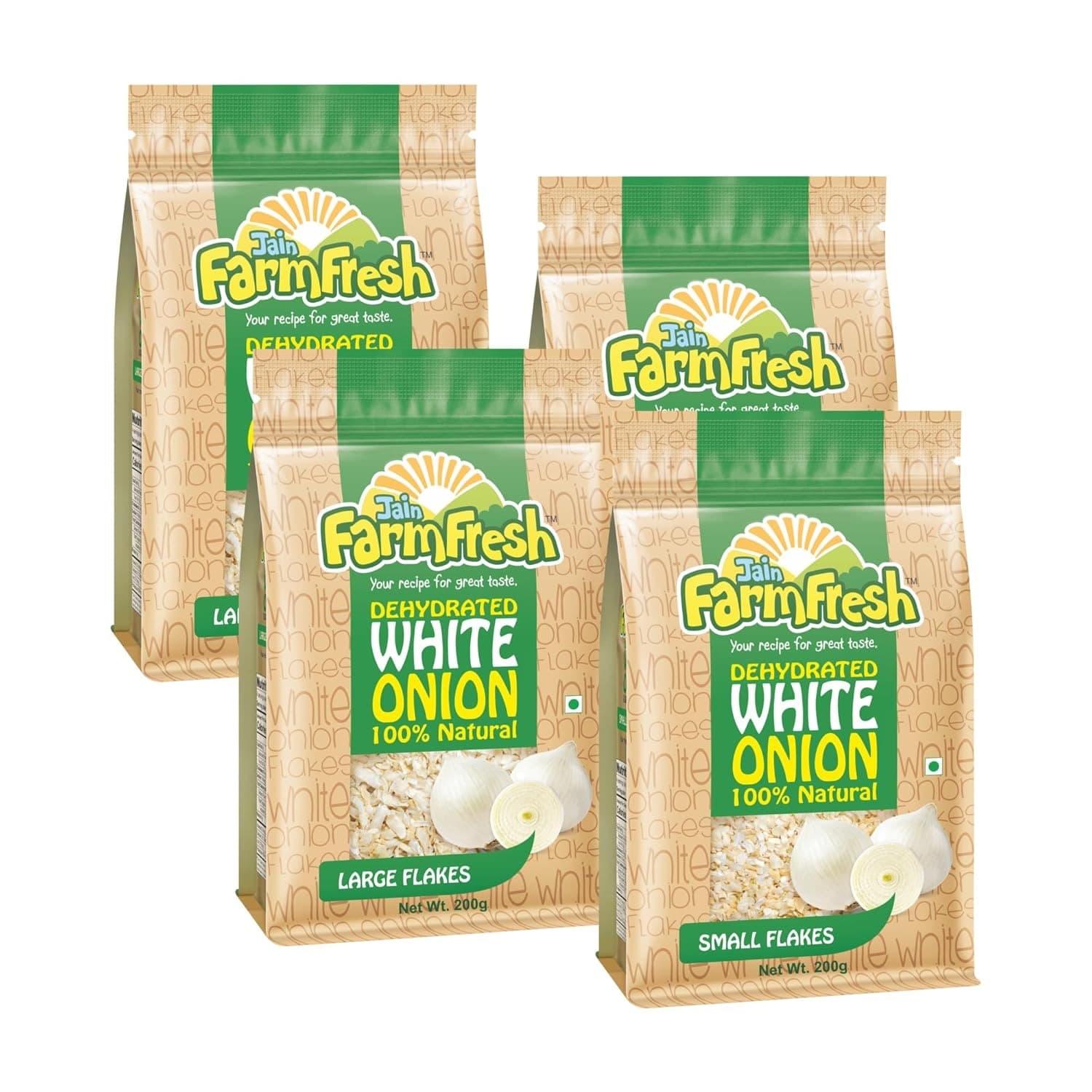 Jain Farm Fresh Dehydrated White Onion -Large Flakes 200g (Pack of 4) 200 g = 1.2 kg of Fresh Raw Onion No Added Preservatives | No Added Color |100% Natural (White Onion)